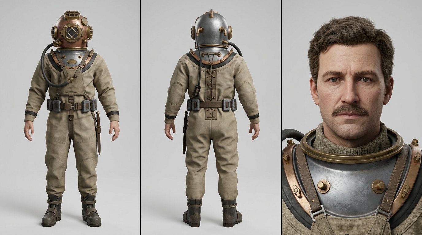 Early-20th-century deep-sea diver — reference sheet